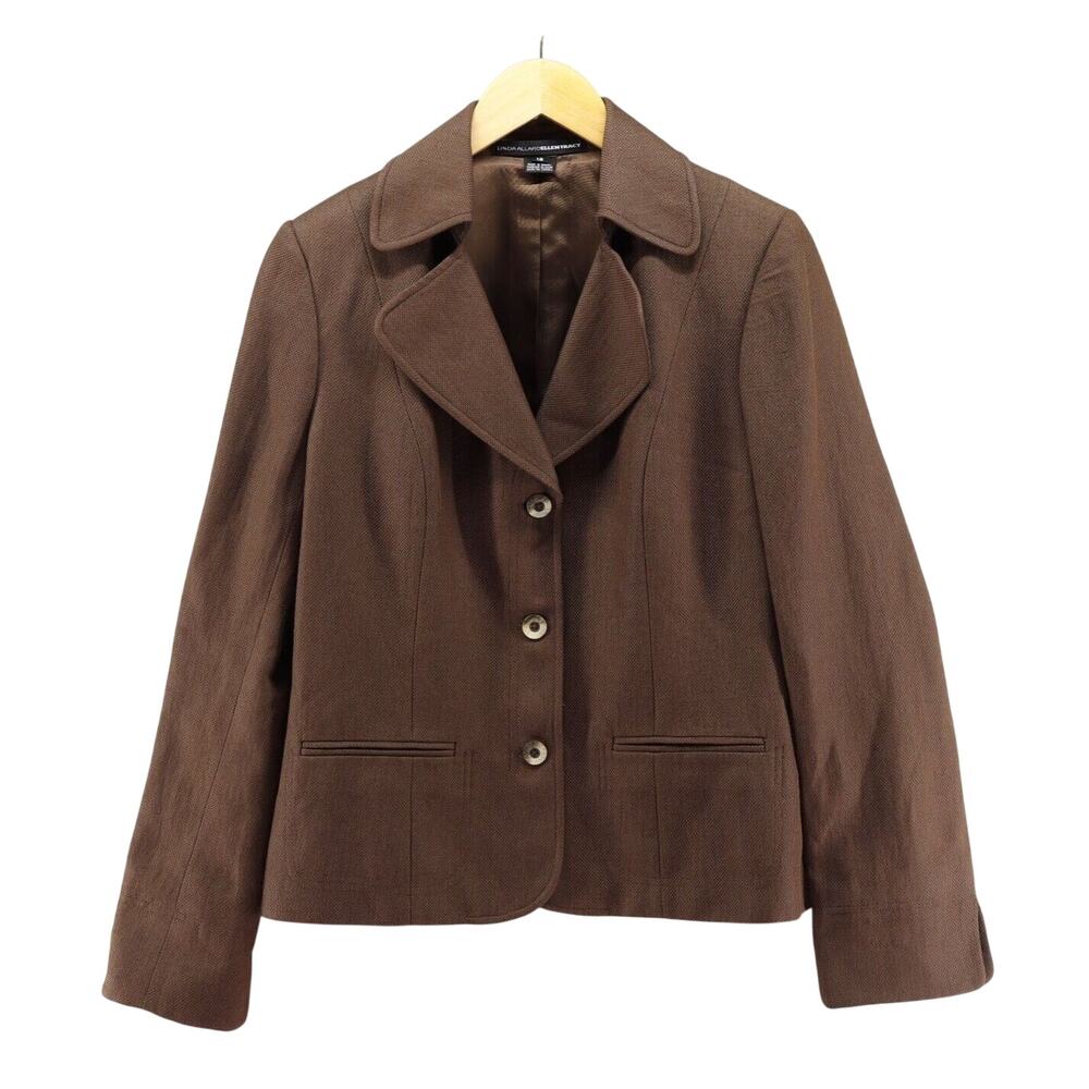 Linda Allard Ellen Tracy Women's Brown Blazer Jacket Silk Linen Tweed Sz 12